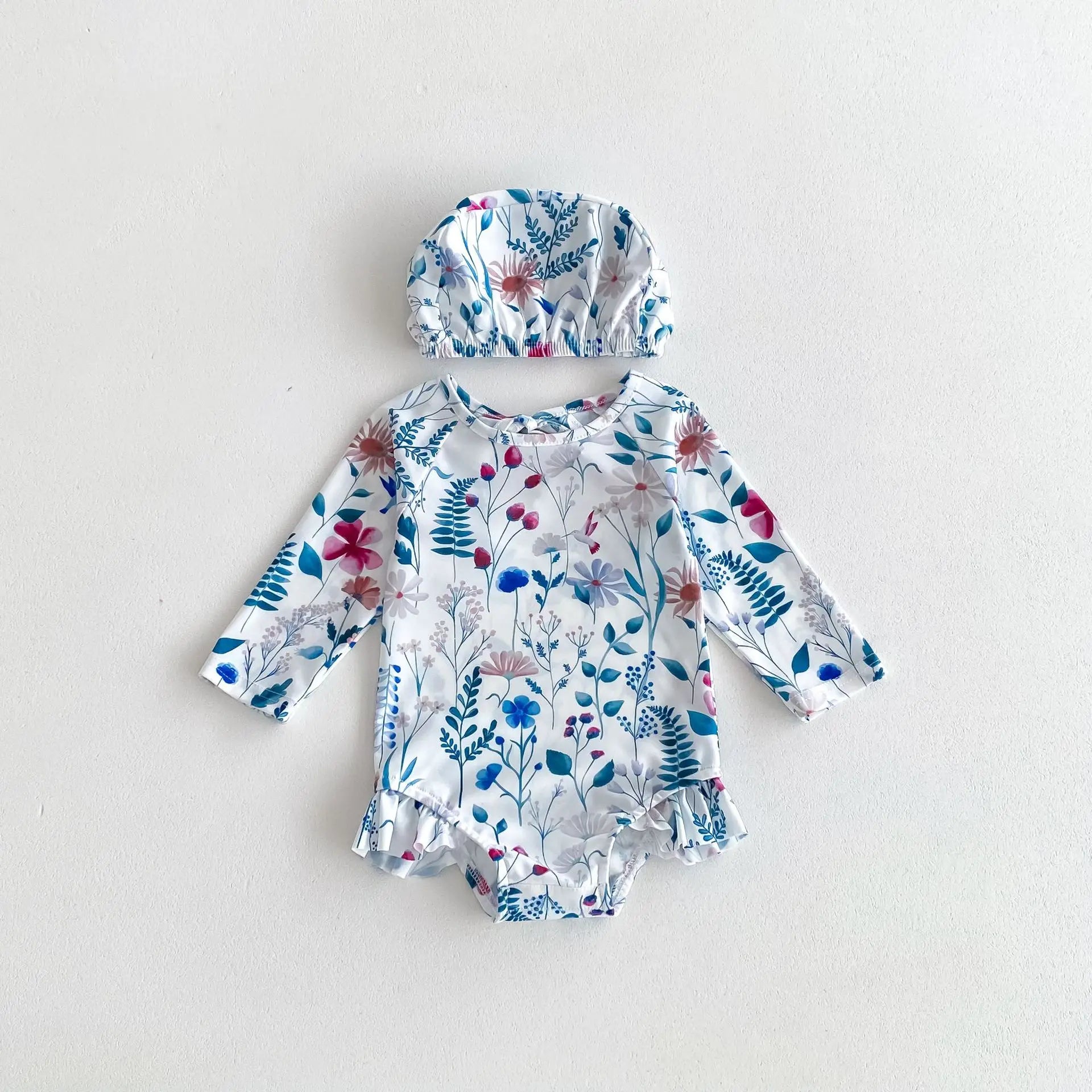 -ベビー水着 長袖ワンピース 帽子セット スイムウェア ラッシュガード  フラワー花柄プリント【mh0005109】 - mamahalo shop - ベビー用水着 -  べビー服 - 子供服 - 男の子 - 女の子