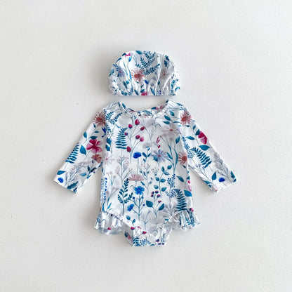-ベビー水着 長袖ワンピース 帽子セット スイムウェア ラッシュガード  フラワー花柄プリント【mh0005109】 - mamahalo shop - ベビー用水着 -  べビー服 - 子供服 - 男の子 - 女の子
