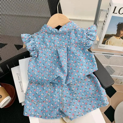 -キッズセットアップ 2点セット デニム フリルキャップスリーブブラウス+ショートパンツ フラワー花柄プリント【mh0006539】 - mamahalo shop - ノースリーブセットアップ -  べビー服 - 子供服 - 男の子 - 女の子
