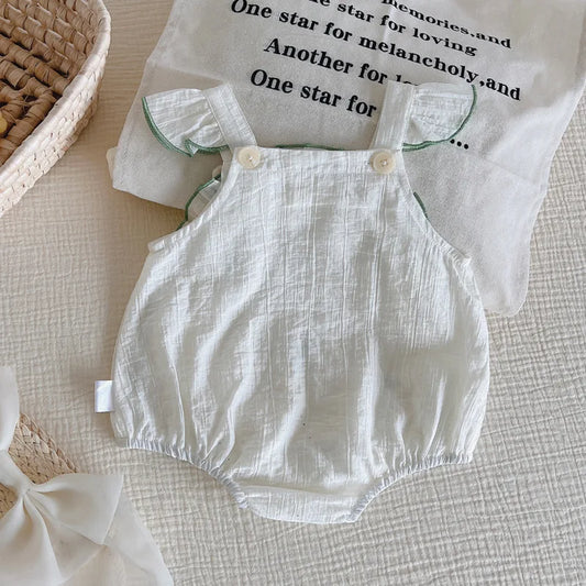 -ベビーロンパース ショルダーフリル ノースリーブボディスーツ リーフフラワー刺繍 ホワイト【mh0005356】 - mamahalo shop - ノースリーブロンパース -  べビー服 - 子供服 - 男の子 - 女の子