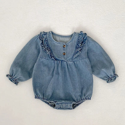 -ベビーロンパース デニムフリルアクセント長袖ボディスーツ【mh0006986】 - mamahalo shop - 長袖ロンパース -  べビー服 - 子供服 - 男の子 - 女の子