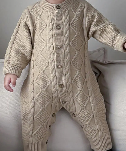 -ベビーロンパース 長袖ニットジャンプスーツ アランニットケーブル編み ホワイト/カーキ/2カラー【mh0004410】 - mamahalo shop - 長袖ロンパース -  べビー服 - 子供服 - 男の子 - 女の子