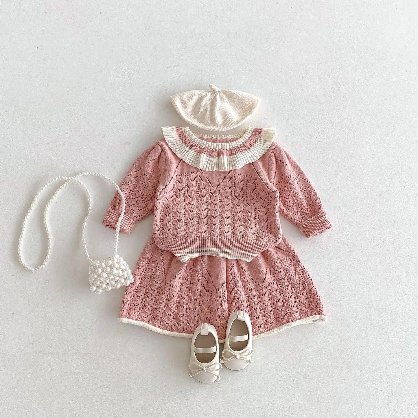 -キッズトップス/スカート レースニットフリルサークル襟セーター/レースニットAラインスカート 2カラー - mamahalo shop - 長袖セットアップ -  べビー服 - 子供服 - 男の子 - 女の子