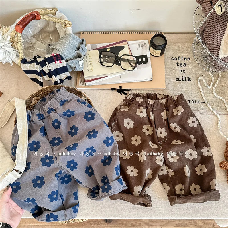 -キッズパンツ ロングルーズパンツ レトロフラワー花柄プリント グレー コーヒー 2カラー - mamahalo shop - ロングパンツ・スウェットパンツ -  べビー服 - 子供服 - 男の子 - 女の子
