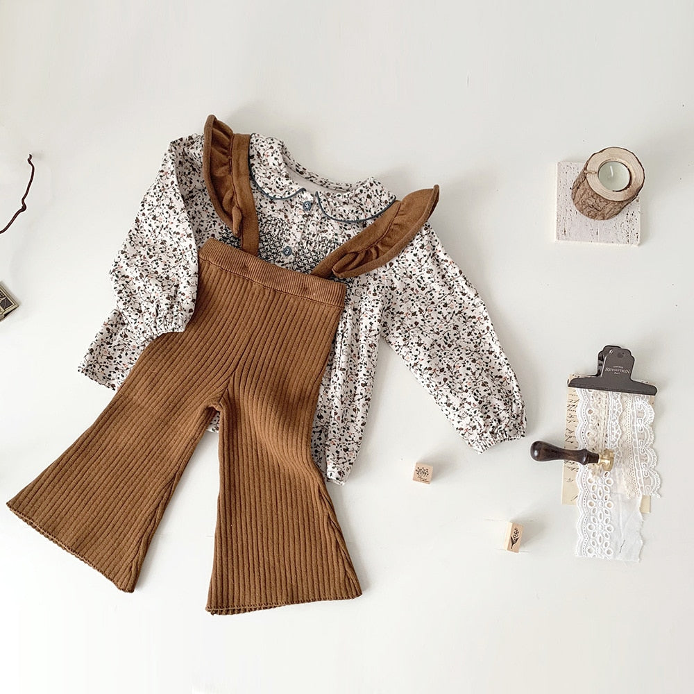 -ベビー キッズ サスペンダーパンツ ニット フリルショルダー サロペットパンツ ワイド フレアパンツ ベージュ ブラウン 2カラー ガールズ 女の子 子供服 - mamahalo shop - サロペットパンツ・サスペンダーパンツ -  べビー服 - 子供服 - 男の子 - 女の子