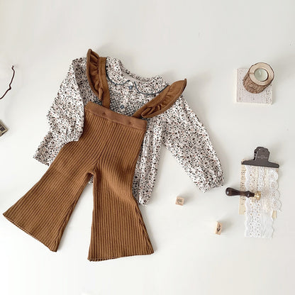 -ベビー キッズ サスペンダーパンツ ニット フリルショルダー サロペットパンツ ワイド フレアパンツ ベージュ ブラウン 2カラー ガールズ 女の子 子供服 - mamahalo shop - サロペットパンツ・サスペンダーパンツ -  べビー服 - 子供服 - 男の子 - 女の子