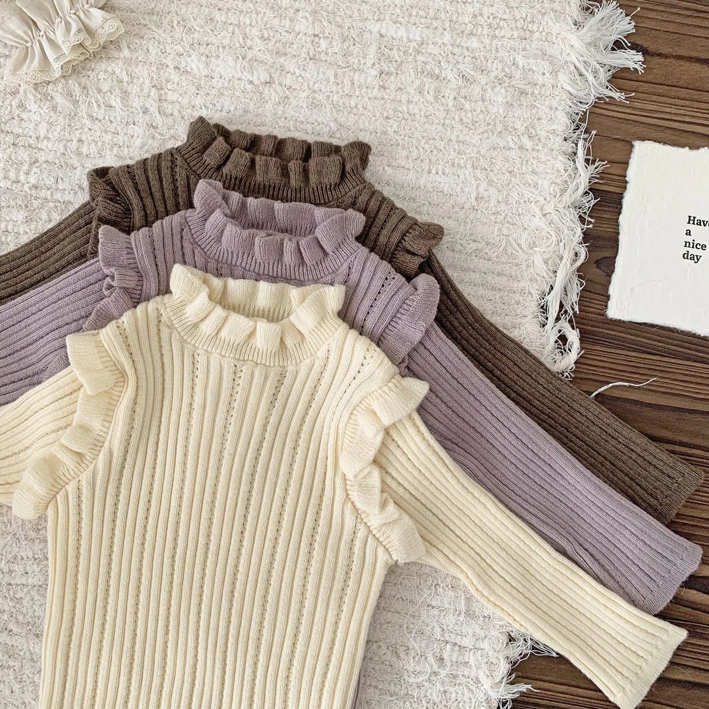 -ベビーキッズトップス フリルショルダースタンドカラーニットカットソーTシャツ 3カラー - mamahalo shop - ニット・セーター -  べビー服 - 子供服 - 男の子 - 女の子