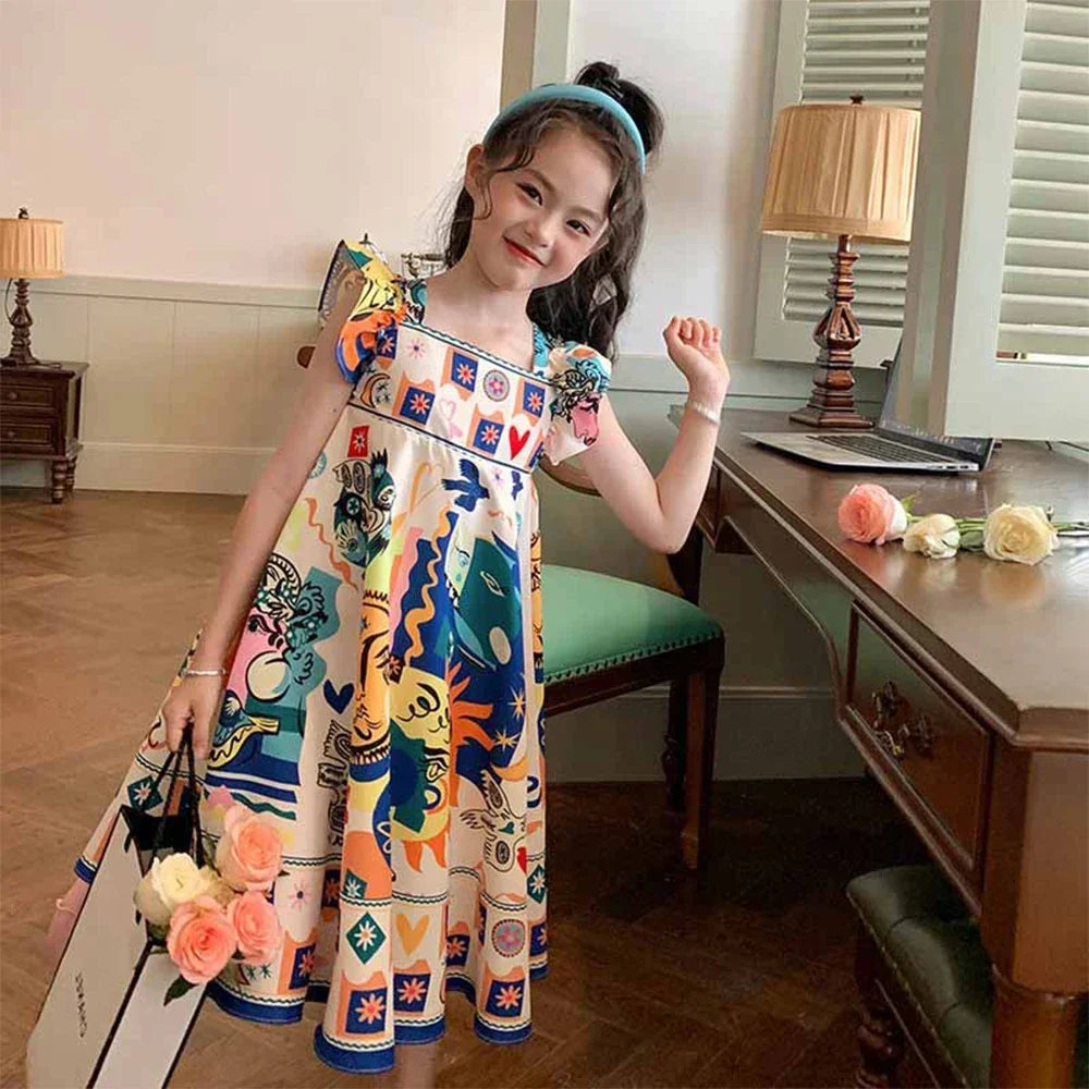 -キッズジュニアワンピース フリルショルダープリントサマードレス - mamahalo shop - ノースリーブワンピース -  べビー服 - 子供服 - 男の子 - 女の子