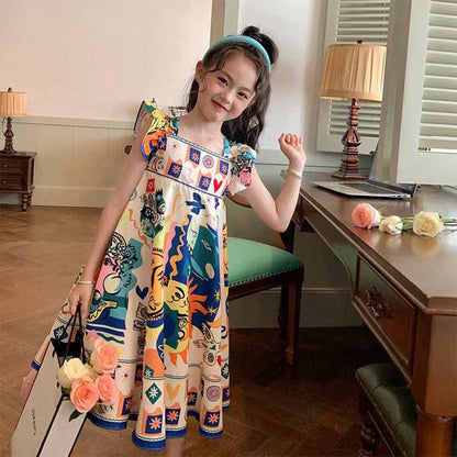 -キッズジュニアワンピース フリルショルダープリントサマードレス - mamahalo shop - ノースリーブワンピース -  べビー服 - 子供服 - 男の子 - 女の子