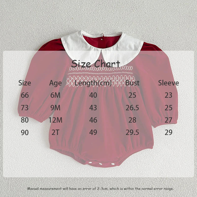 -ベビーロンパース キッズワンピース クロスステッチ 丸襟 長袖パフスリーブ リンクコーデ 姉妹お揃いコーデ お出かけ - mamahalo shop - 長袖ロンパース -  べビー服 - 子供服 - 男の子 - 女の子