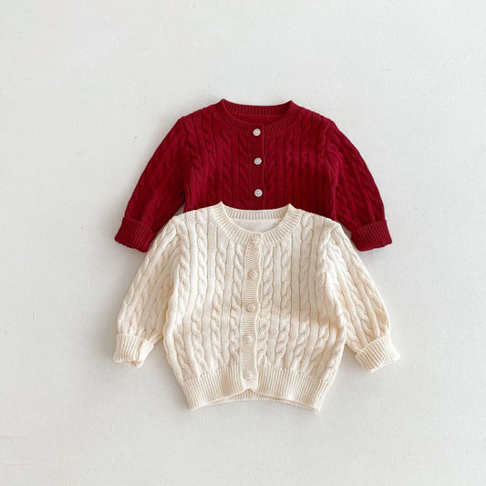 -キッズカーディガン 丸首ニットジャケット アランニット ケーブル編み 2カラー【mh0006657】 - mamahalo shop - カーディガン・パーカー -  べビー服 - 子供服 - 男の子 - 女の子