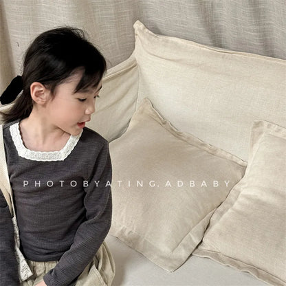 -キッズトップス レーススクエアネック 長袖Tシャツ カットソー 3カラー - mamahalo shop - 長袖Tシャツ -  べビー服 - 子供服 - 男の子 - 女の子