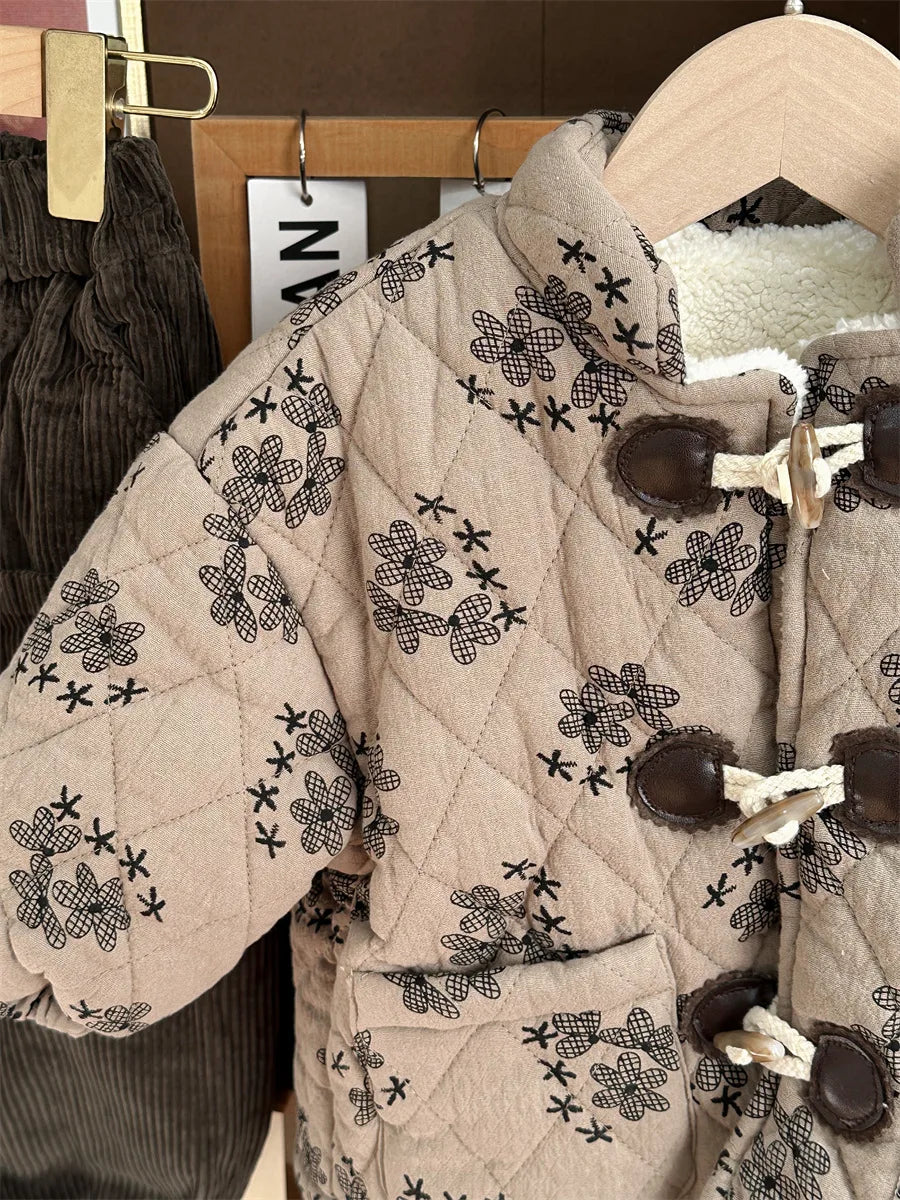 -キッズアウター 花柄フラワープリント 裏ボアフリースキルティングジャケット  ダッフルコート - mamahalo shop - ショートコート・ジャケット・ジャンパー -  べビー服 - 子供服 - 男の子 - 女の子