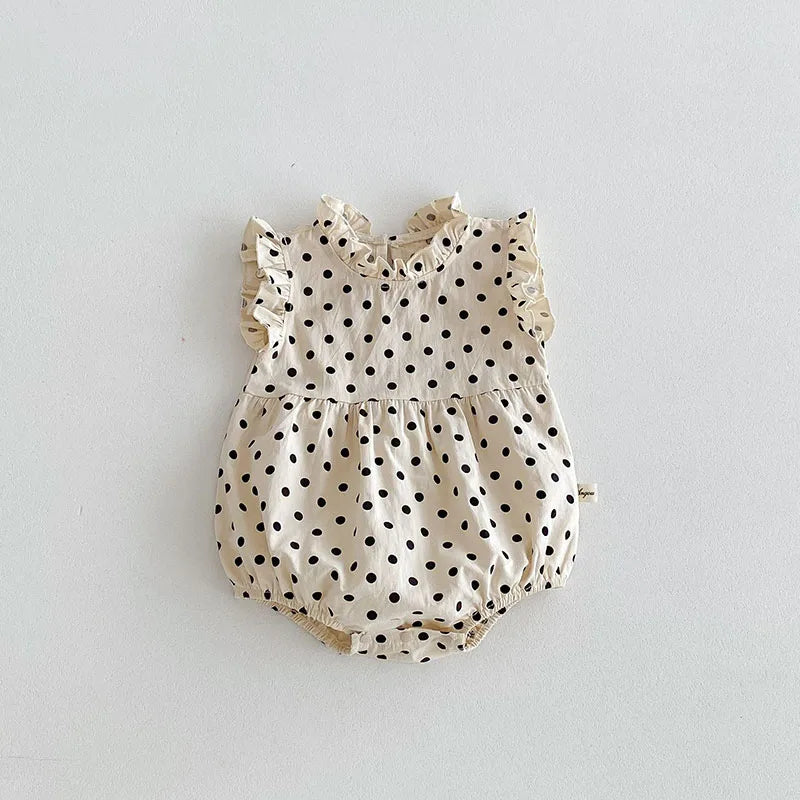 -ベビーロンパース ノースリーブボディスーツ フリルスタンドカラー 無地/水玉ドットプリント 3カラー【mh0006547】 - mamahalo shop - ノースリーブロンパース -  べビー服 - 子供服 - 男の子 - 女の子