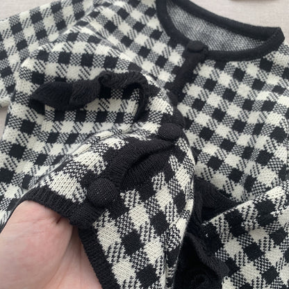 -ベビー キッズ チェック セットアップ ニット セーター フリル ショートパンツ つけ襟 セット ブラック パープル ガールズ - mamahalo shop - 長袖セットアップ -  べビー服 - 子供服 - 男の子 - 女の子