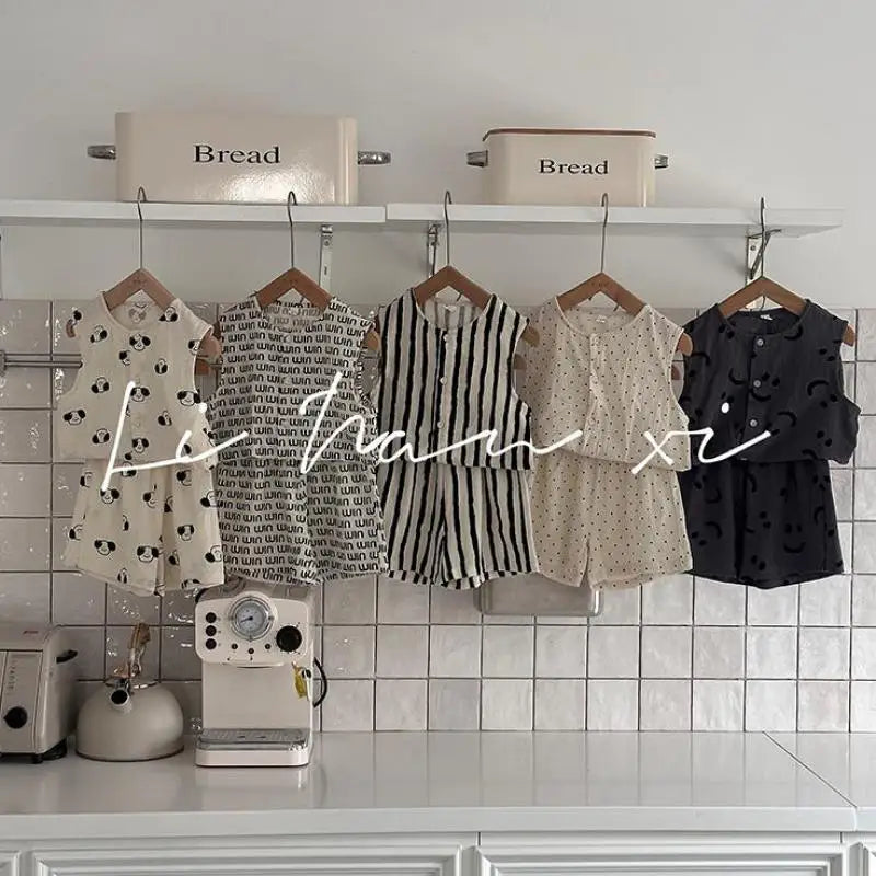 -キッズセットアップ 2点セット コットンリネン プリントノースリーブトップス+ショートパンツ 5柄 - mamahalo shop - ノースリーブセットアップ -  べビー服 - 子供服 - 男の子 - 女の子