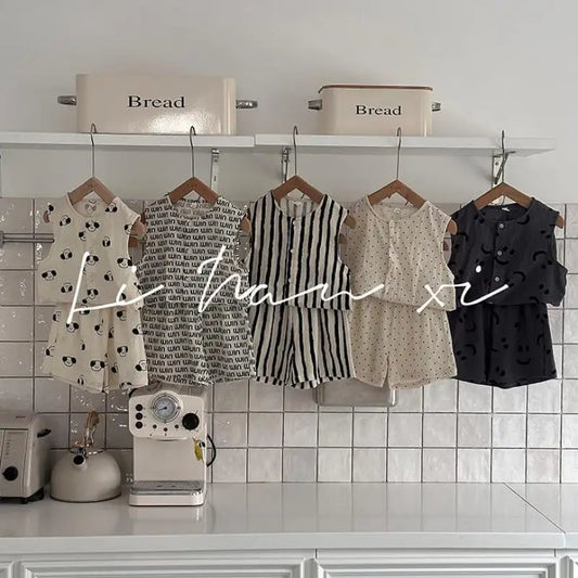 -キッズセットアップ 2点セット コットンリネン プリントノースリーブトップス+ショートパンツ 5柄 - mamahalo shop - ノースリーブセットアップ -  べビー服 - 子供服 - 男の子 - 女の子