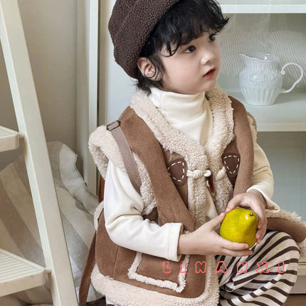 キッズベスト ボアフリースダッフルボタンフェイクムートンアウターベスト - mamahalo shop - ベスト -  べビー服 - 子供服 - 男の子 - 女の子