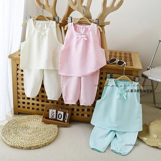 -キッズセットアップ 2点セット ノースリーブブラウス+ルーズクロップドパンツ 3カラー【mh0006117】 - mamahalo shop - ノースリーブセットアップ -  べビー服 - 子供服 - 男の子 - 女の子