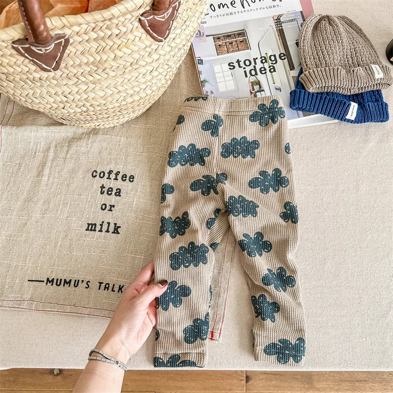 -キッズレギンスパンツ 雲 クラウドプリント 総柄 裏フリースレギパン カーキ ブルー 2カラー ユニセックス 男の子 女の子 子供服 - mamahalo shop - レギンスパンツ -  べビー服 - 子供服 - 男の子 - 女の子