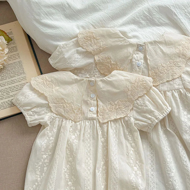 -ベビーロンパース/キッズワンピース 半袖 ビッグ襟 レースフラワー花柄刺繍 リンクコーデ 姉妹 お揃いコーデ【mh0005325】 - mamahalo shop - 半袖ロンパース -  べビー服 - 子供服 - 男の子 - 女の子