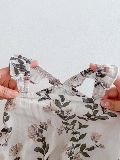 -ベビーロンパース フリルサスペンダーボディスーツ フラワー花柄プリント【mh0006193】 - mamahalo shop - ノースリーブロンパース -  べビー服 - 子供服 - 男の子 - 女の子