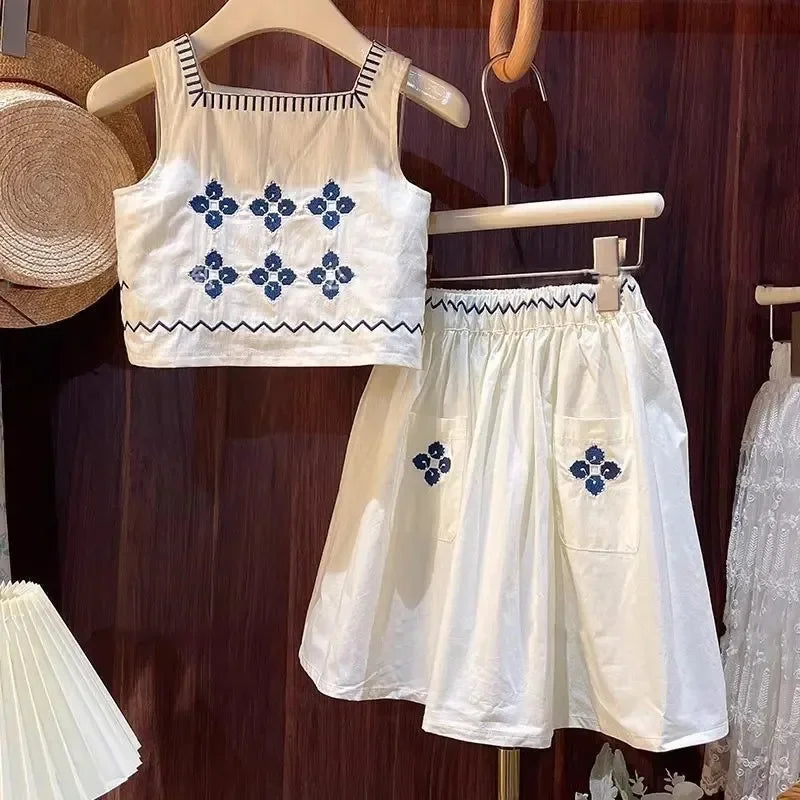 -キッズセットアップ 2点セット ノースリーブトップス+スカート 刺繍ステッチワンポイント【mh0006003】 - mamahalo shop - ノースリーブセットアップ -  べビー服 - 子供服 - 男の子 - 女の子