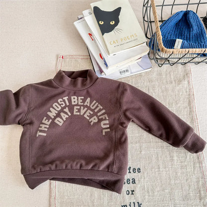 -キッズスウェットシャツ レターロゴプリント ハイネックトップス 裏フリースTシャツ 3カラー ユニセックス 男の子 女の子 子供服 - mamahalo shop - トレーナー・フーディ -  べビー服 - 子供服 - 男の子 - 女の子