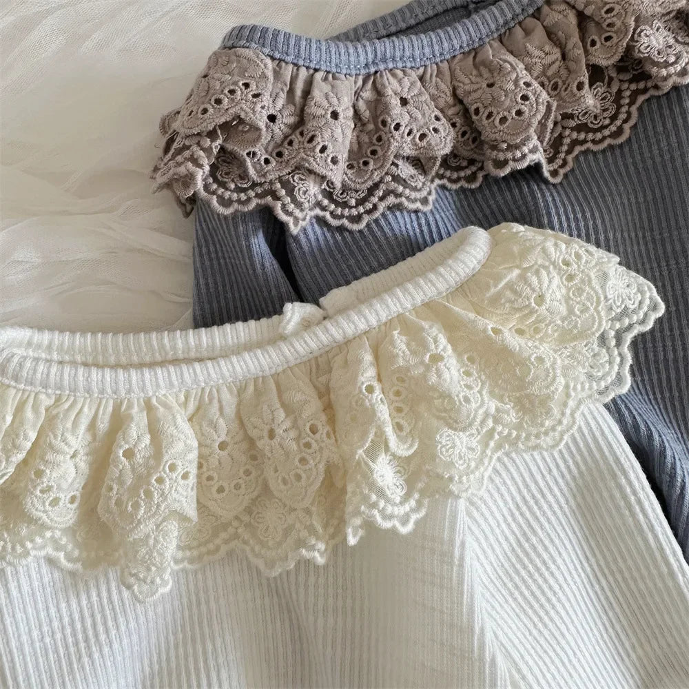 -ベビートップス ボリュームレースラッフル襟長袖カットソーTシャツ 2カラー - mamahalo shop - 長袖Tシャツ -  べビー服 - 子供服 - 男の子 - 女の子