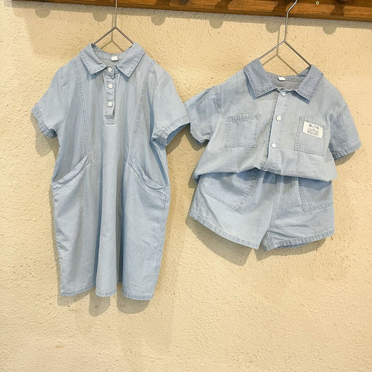 -キッズ デニム ボーイズ セットアップ 半袖 シャツ ショートパンツ ガールズ 半袖シャツ ワンピース リンク 兄弟 姉妹 お揃い コーデ - mamahalo shop - 半袖ワンピース -  べビー服 - 子供服 - 男の子 - 女の子