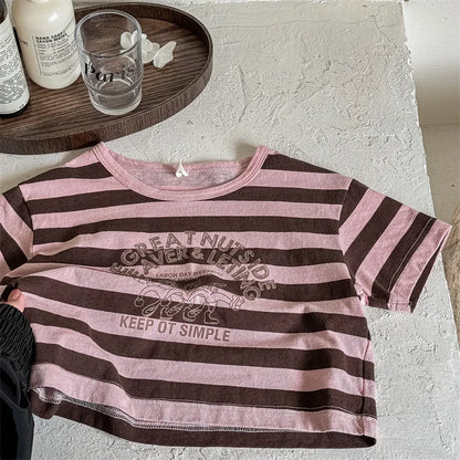 -キッズトップス ボーダー半袖Tシャツ ロゴプリント 2カラー【mh0005442】 - mamahalo shop - 半袖Tシャツ -  べビー服 - 子供服 - 男の子 - 女の子