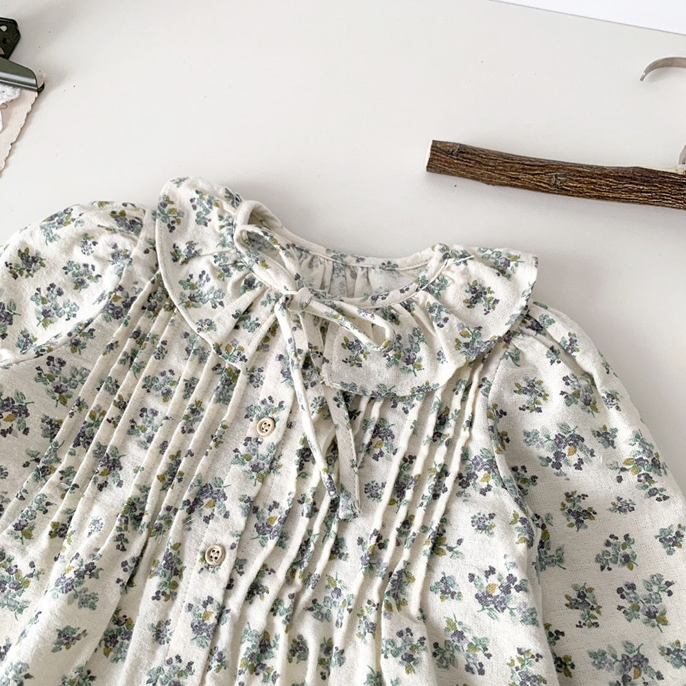 -ベビー キッズ フリル フラワー 花柄 ピンタック 長袖 チュニック ブラウス シャツ ガールズ - mamahalo shop - 長袖シャツ・ブラウス -  べビー服 - 子供服 - 男の子 - 女の子