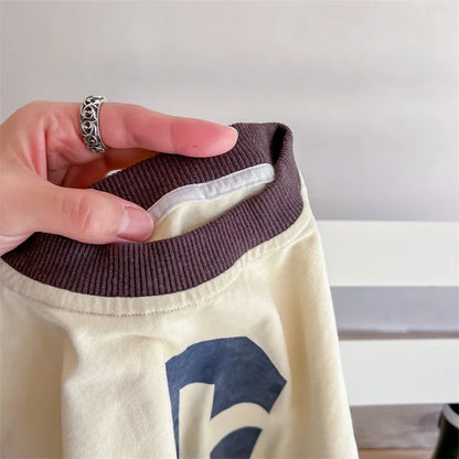 -キッズトップス 長袖Tシャツ パッチワーク レターロゴプリント 2カラー - mamahalo shop - 長袖Tシャツ -  べビー服 - 子供服 - 男の子 - 女の子