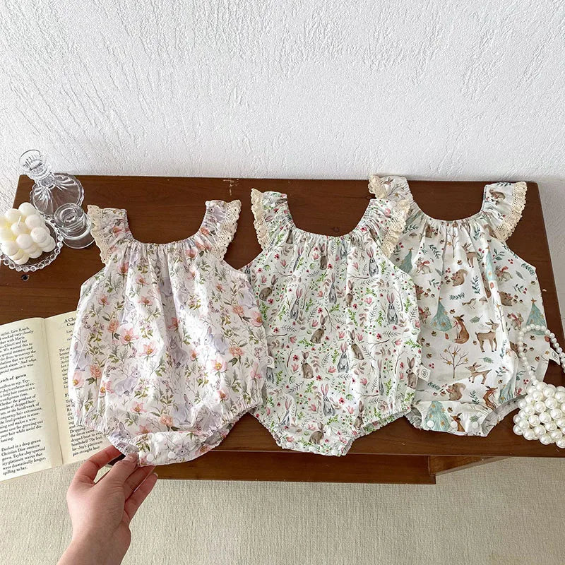 -ベビーロンパース キャミソールフリルボディスーツ フラワーアニマルプリント【mh0005860】 - mamahalo shop - ノースリーブロンパース -  べビー服 - 子供服 - 男の子 - 女の子