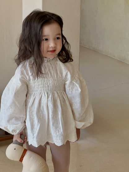 -キッズ レース 刺繍 長袖 ランタンスリーブ チュニック ブラウス トップス ガールズ - mamahalo shop - 長袖シャツ・ブラウス -  べビー服 - 子供服 - 男の子 - 女の子