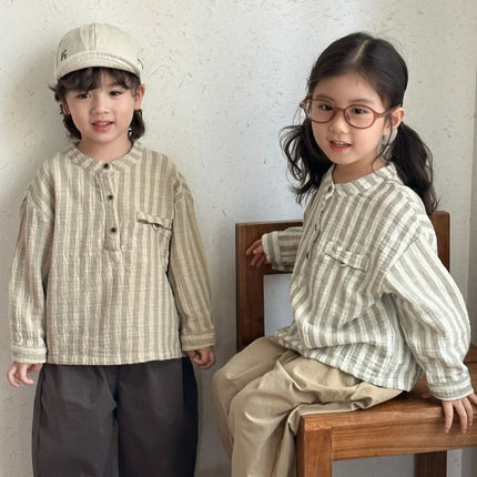 キッズトップス ストライプノーカラー長袖シャツ - mamahalo shop - 長袖シャツ・ブラウス -  べビー服 - 子供服 - 男の子 - 女の子