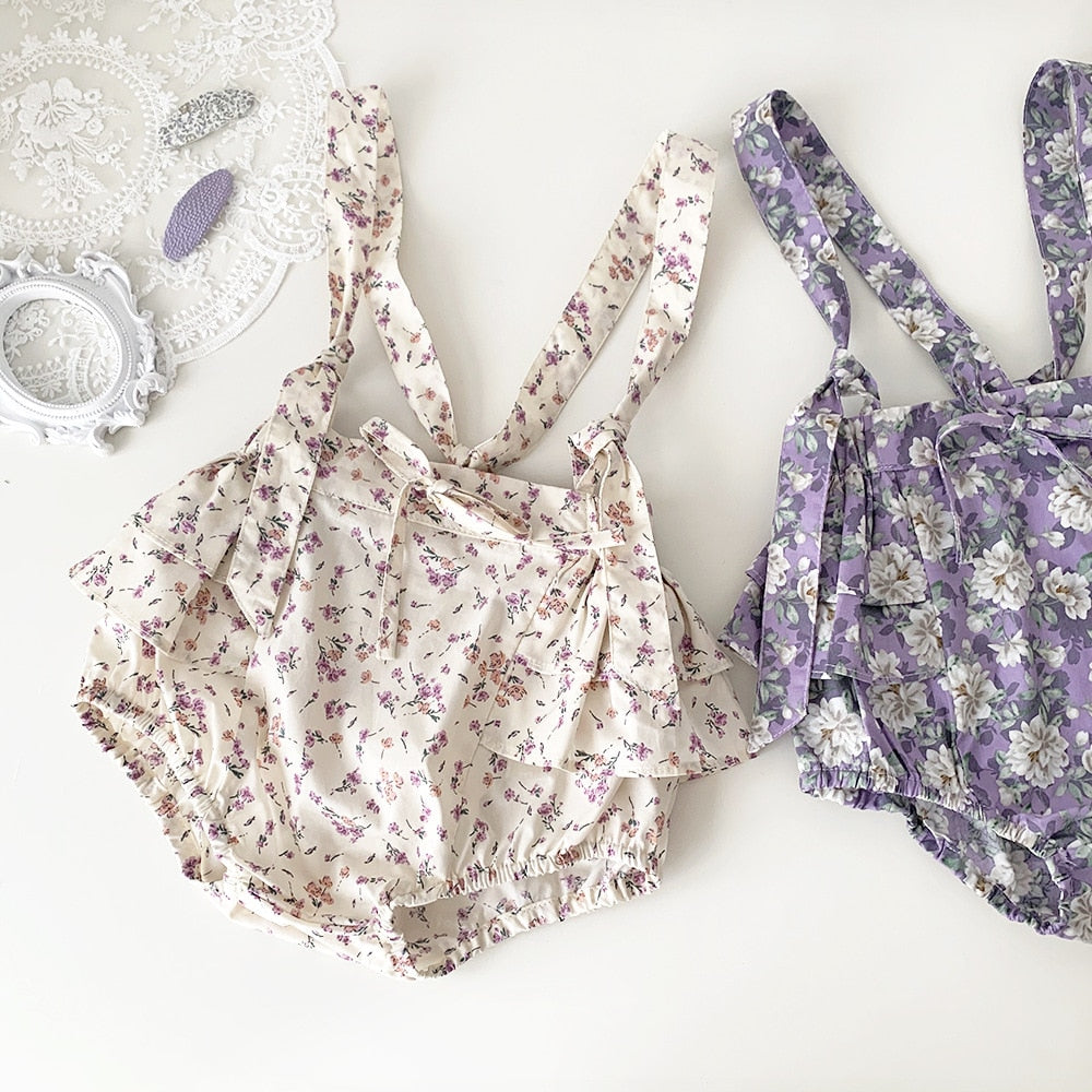 -ベビー フラワー 花柄 ラッフル フリル サスペンダー ブルマ パンツ アプリコットベージュ パープル ガールズ - mamahalo shop - ブルマパンツ -  べビー服 - 子供服 - 男の子 - 女の子