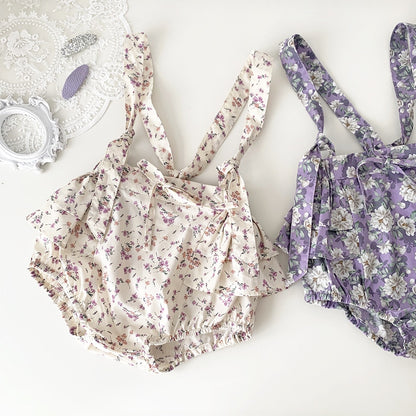 -ベビー フラワー 花柄 ラッフル フリル サスペンダー ブルマ パンツ アプリコットベージュ パープル ガールズ - mamahalo shop - ブルマパンツ -  べビー服 - 子供服 - 男の子 - 女の子