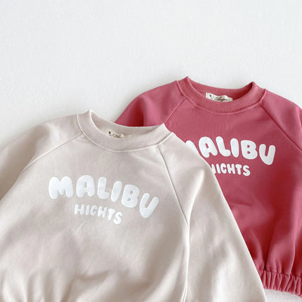 キッズセットアップ 2点セット MALIBUレターロゴプリント長袖スウェットシャツ+ロングスウェットパンツ - mamahalo shop - 長袖セットアップ -  べビー服 - 子供服 - 男の子 - 女の子