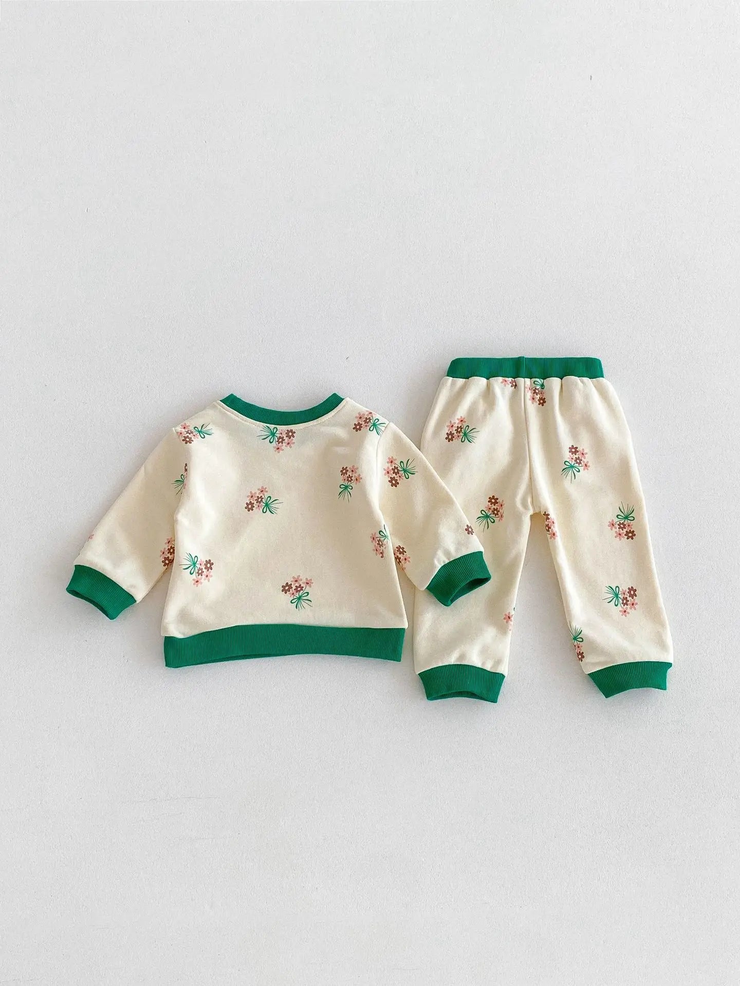 -ベビーキッズセットアップ 2点セット スウェットシャツ+ロングパンツ レトロバイピング フラワープリント - mamahalo shop - 長袖セットアップ -  べビー服 - 子供服 - 男の子 - 女の子