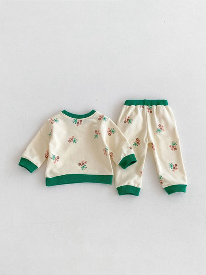 -ベビーキッズセットアップ 2点セット スウェットシャツ+ロングパンツ レトロバイピング フラワープリント - mamahalo shop - 長袖セットアップ -  べビー服 - 子供服 - 男の子 - 女の子