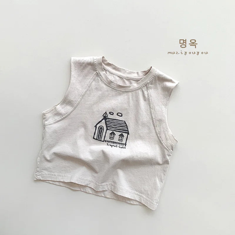 -キッズトップス ノースリーブTシャツ タンクトップ ハウス家プリント 2カラー【mh0006324】 - mamahalo shop - タンクトップ・キャミソール・ノースリーブトップス -  べビー服 - 子供服 - 男の子 - 女の子