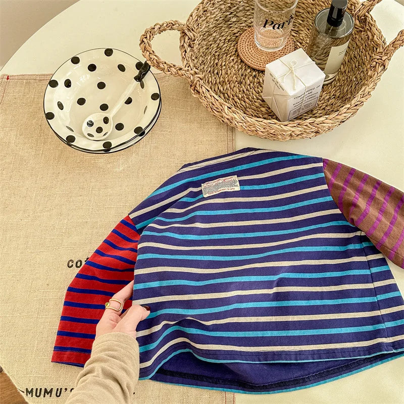 -キッズトップス ボーダーカラフルパッチワーク長袖Tシャツ 2カラー - mamahalo shop - 長袖Tシャツ -  べビー服 - 子供服 - 男の子 - 女の子