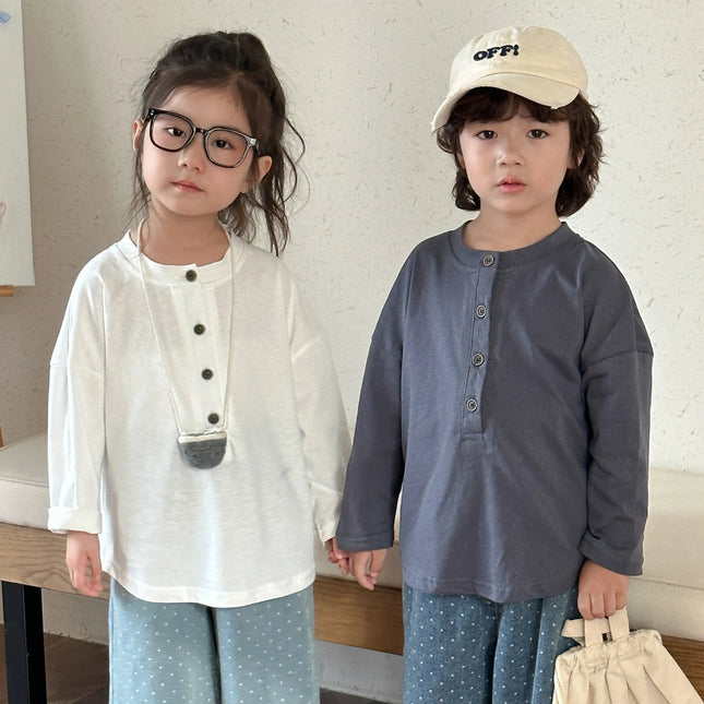 キッズトップス ヘンリーネックシンプル長袖Tシャツ - mamahalo shop - 長袖Tシャツ -  べビー服 - 子供服 - 男の子 - 女の子