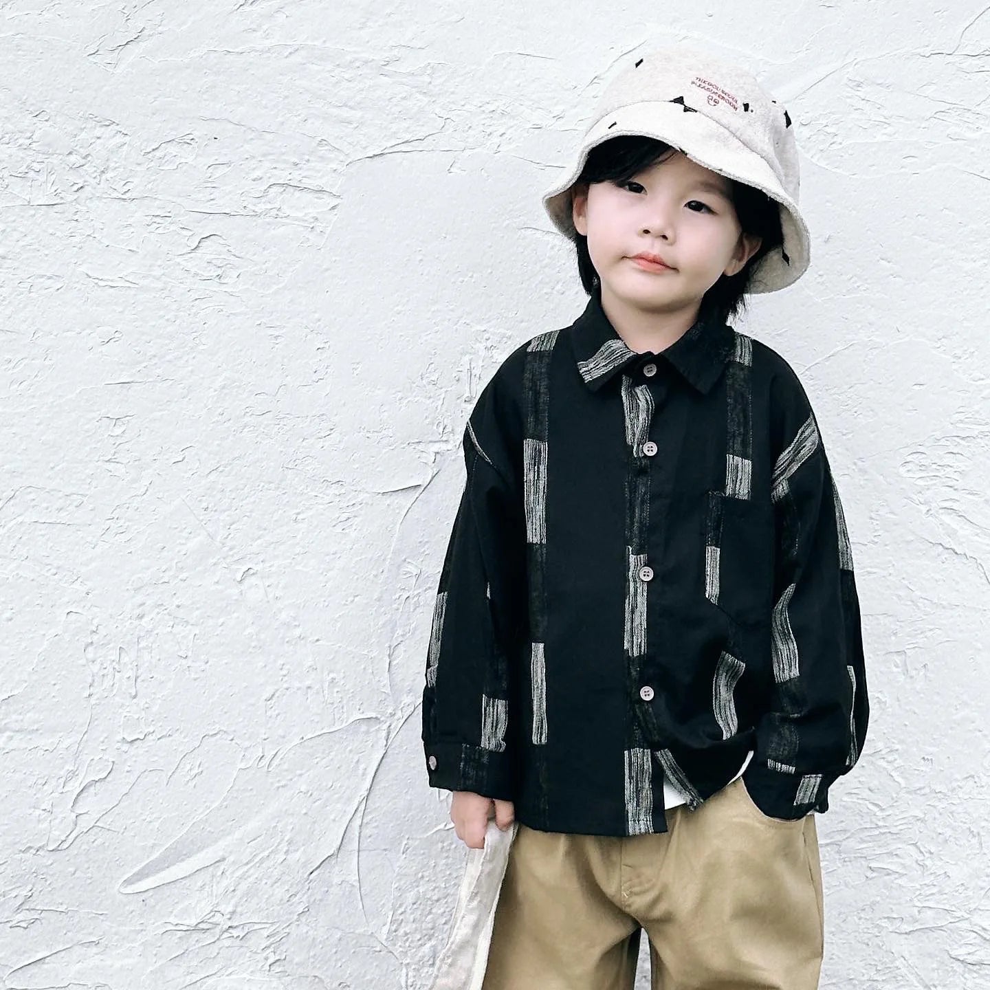 -キッズトップス レトロストライプ長袖オーバーシャツ ブラック - mamahalo shop - 長袖シャツ・ブラウス -  べビー服 - 子供服 - 男の子 - 女の子