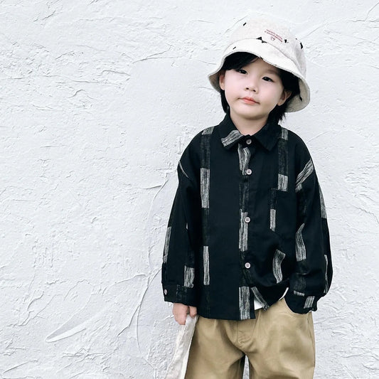 -キッズトップス レトロストライプ長袖オーバーシャツ ブラック - mamahalo shop - 長袖シャツ・ブラウス -  べビー服 - 子供服 - 男の子 - 女の子