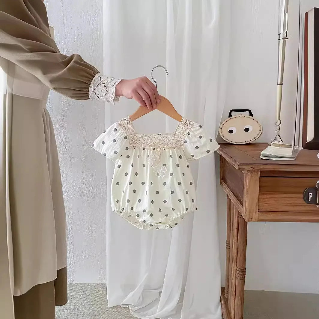 -ベビーロンパース/キッズワンピース 半袖 レース 水玉ドットプリント リンクコーデ 姉妹 お揃いコーデ【mh0005258】 - mamahalo shop - 半袖ロンパース -  べビー服 - 子供服 - 男の子 - 女の子