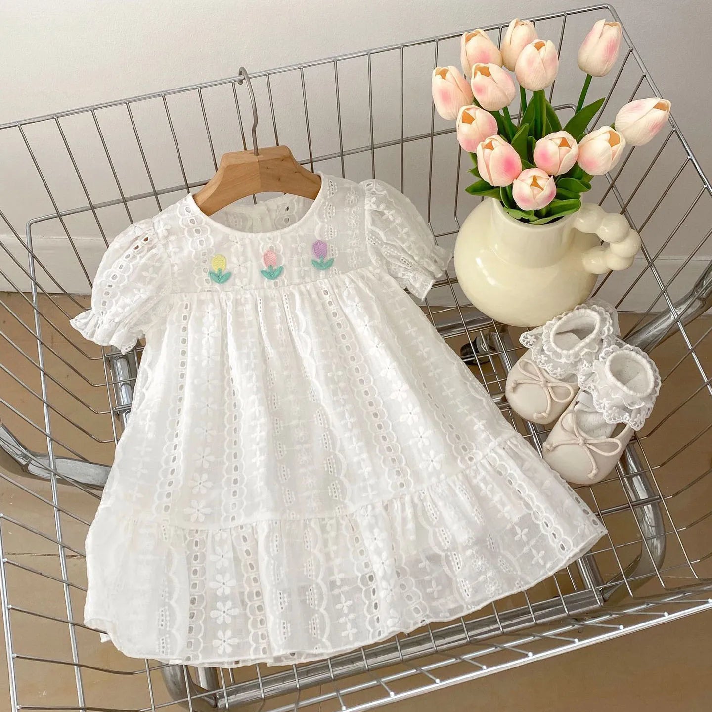 -ベビーロンパース/キッズワンピース 半袖ボディスーツ/半袖ワンピース レース チューリップ刺繍 リンクコーデ 姉妹 お揃いコーデ - mamahalo shop - 半袖ロンパース -  べビー服 - 子供服 - 男の子 - 女の子