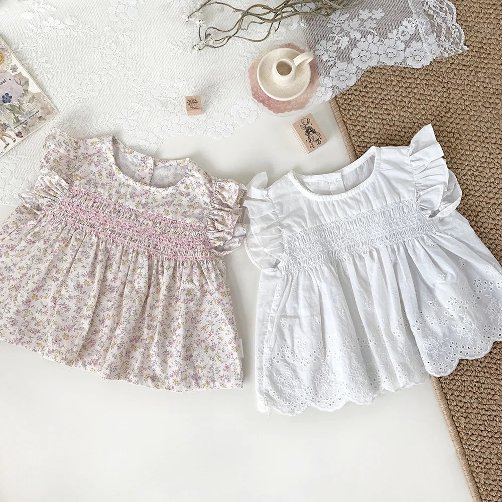 -ベビーキッズトップス フリルスリーブチュニックブラウス 無地/フラワー花柄プリント - mamahalo shop - 半袖シャツ・ブラウス -  べビー服 - 子供服 - 男の子 - 女の子