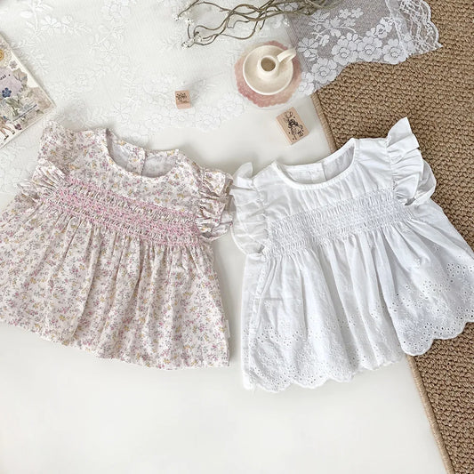 -ベビーキッズトップス フリルスリーブチュニックブラウス 無地/フラワー花柄プリント - mamahalo shop - 半袖シャツ・ブラウス -  べビー服 - 子供服 - 男の子 - 女の子